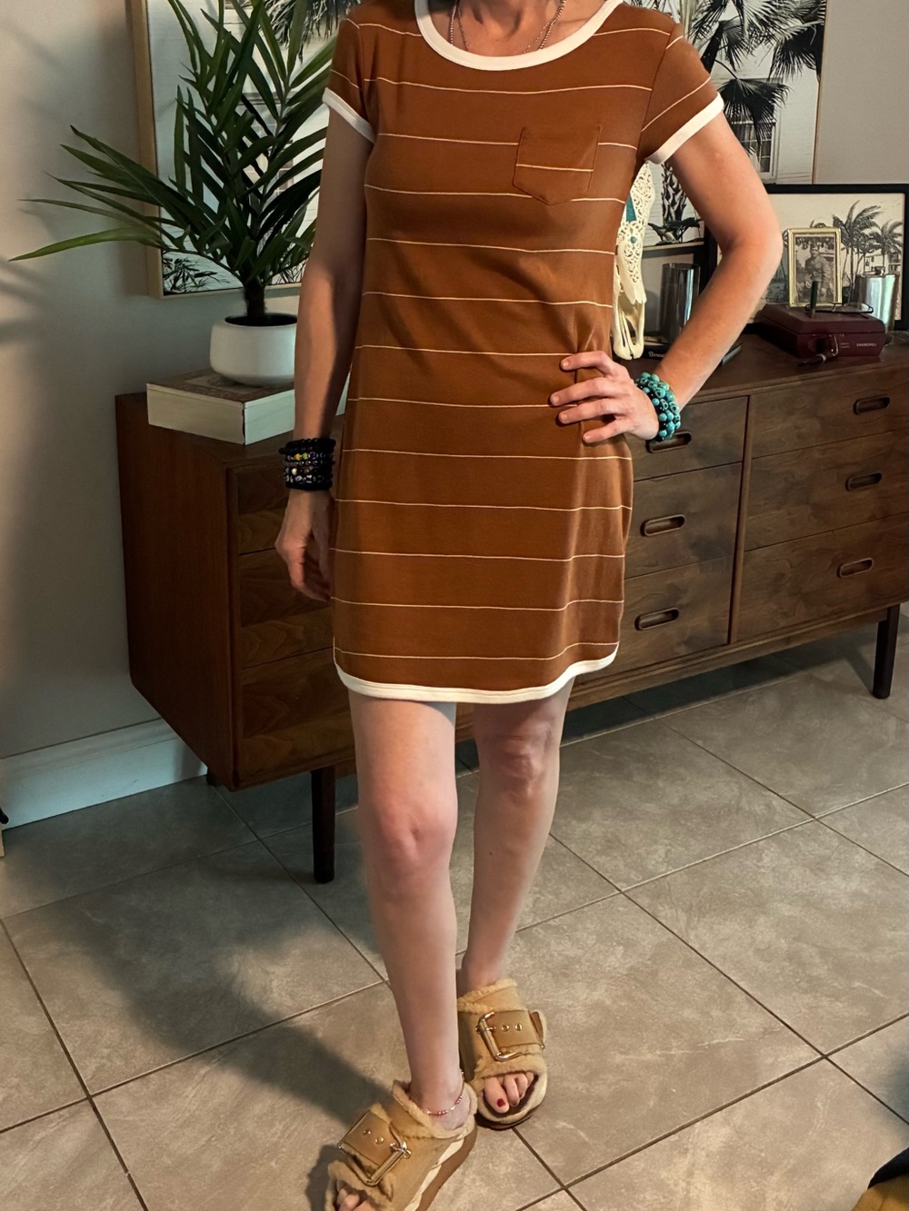 Arizona Jean Company Brown Striped Mini Dress with Contrast Trim